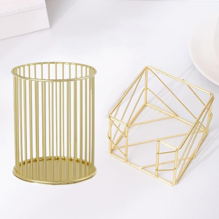 ZJEOSO heavy-duty gold metal pen holder on a styled white and gold home office desk