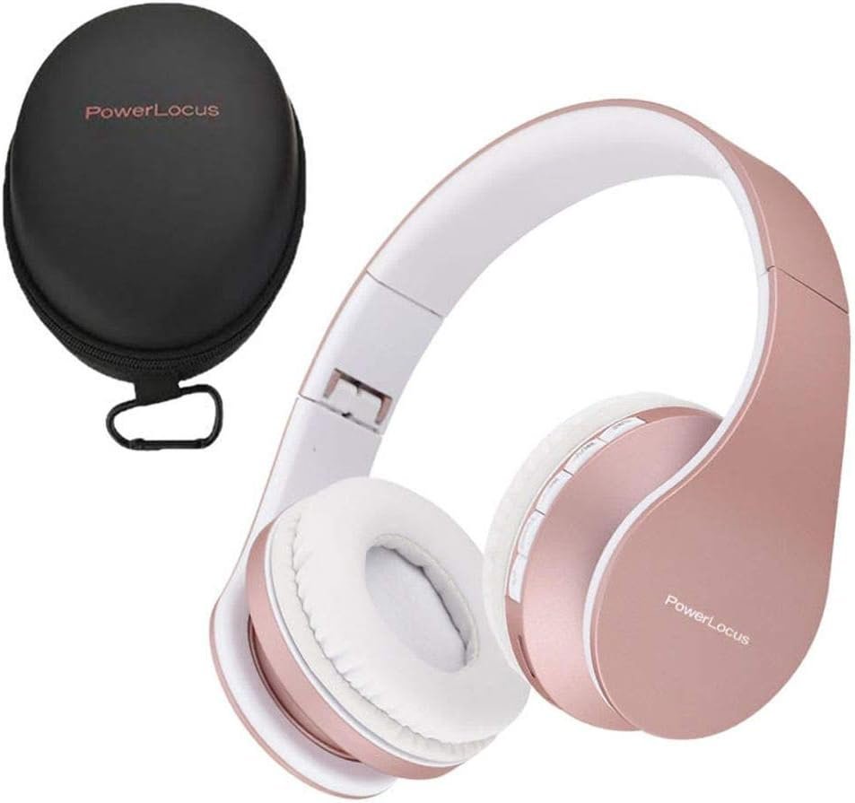 PowerLocus gold over-ear wireless headphones on a white and gold office desk