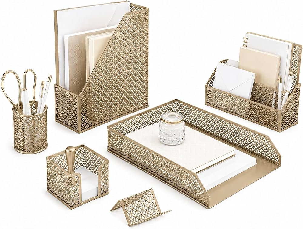BLU MONACO complete matching gold desk organizer set on a white and gold home office desk