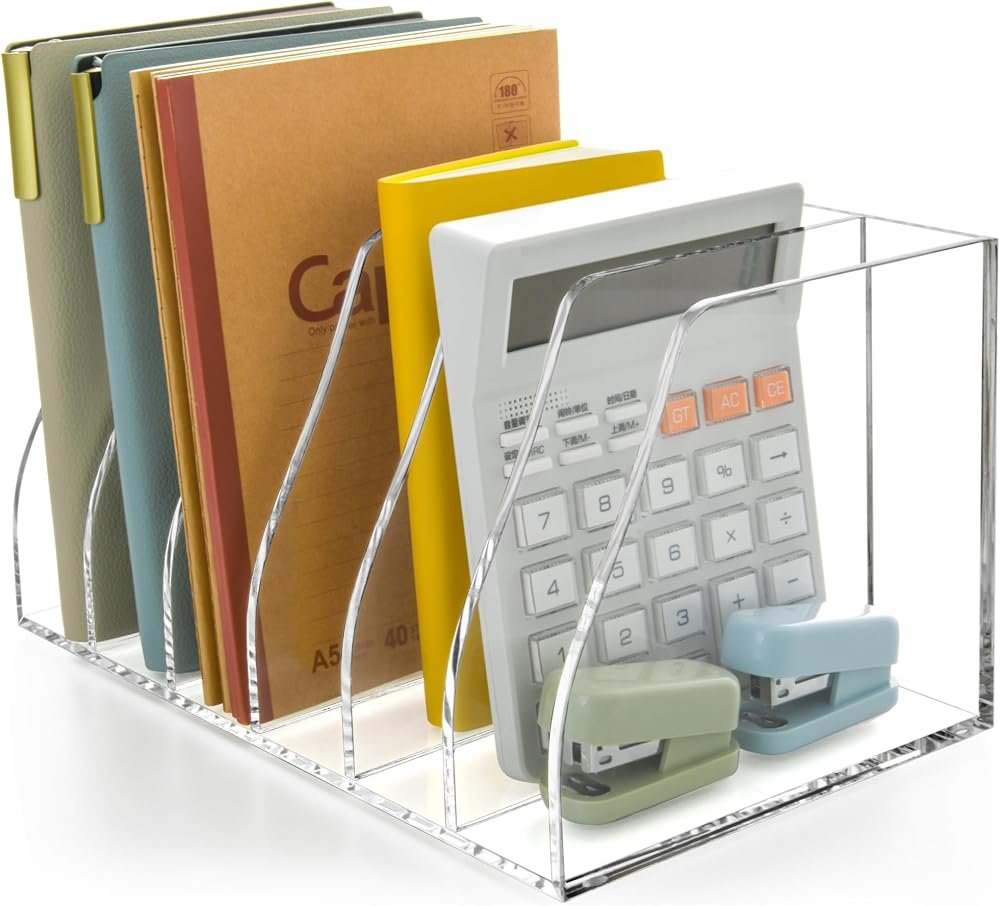 KuntineB gold 5-section vertical file organizer on a styled gold home office desk
