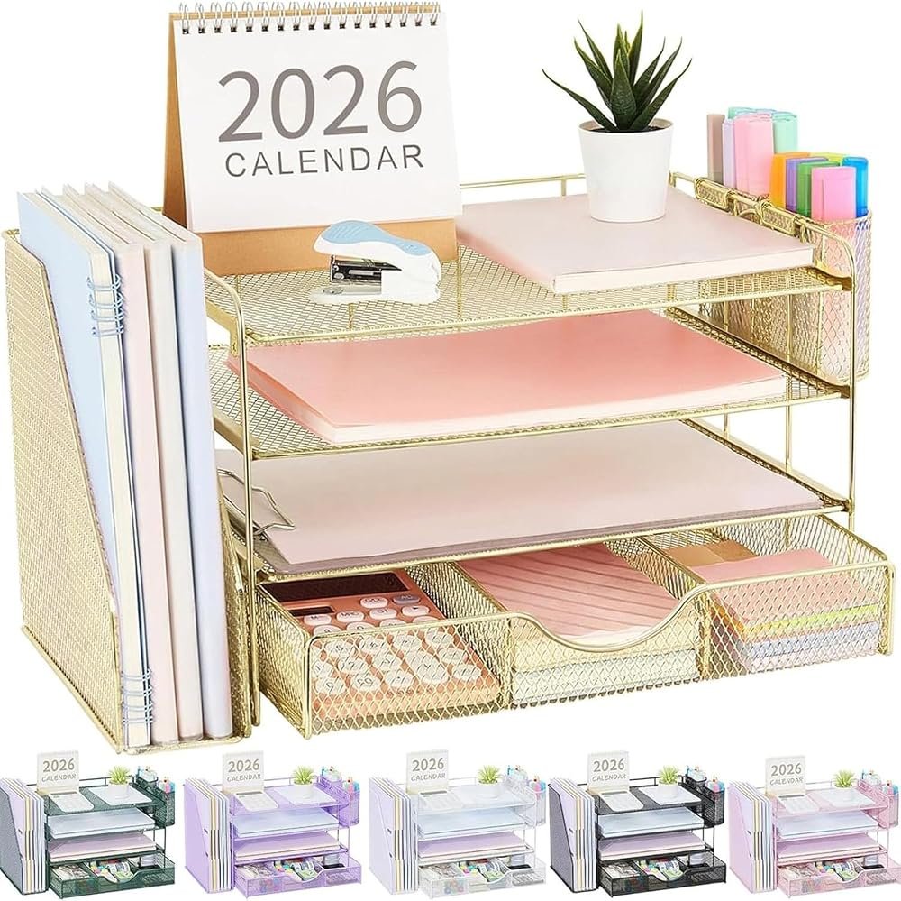 gianotter 4-tier gold desk organizer set with drawers and file holder on a styled desk