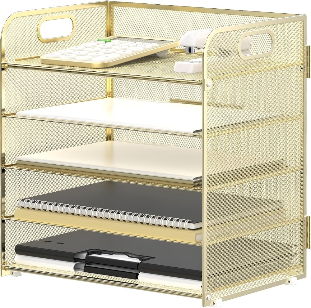 Supeasy gold 5-tray paper organizer with handle on a white and gold office desk
