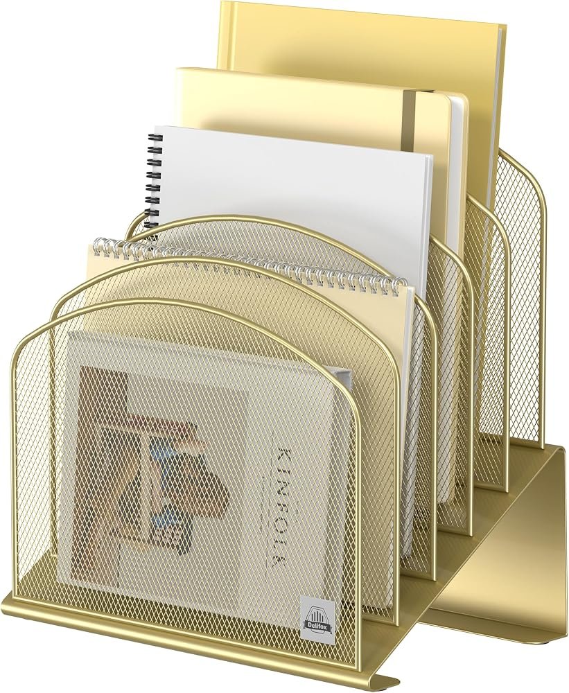 Delifox inclined gold metal file folder organizer on a home office desk