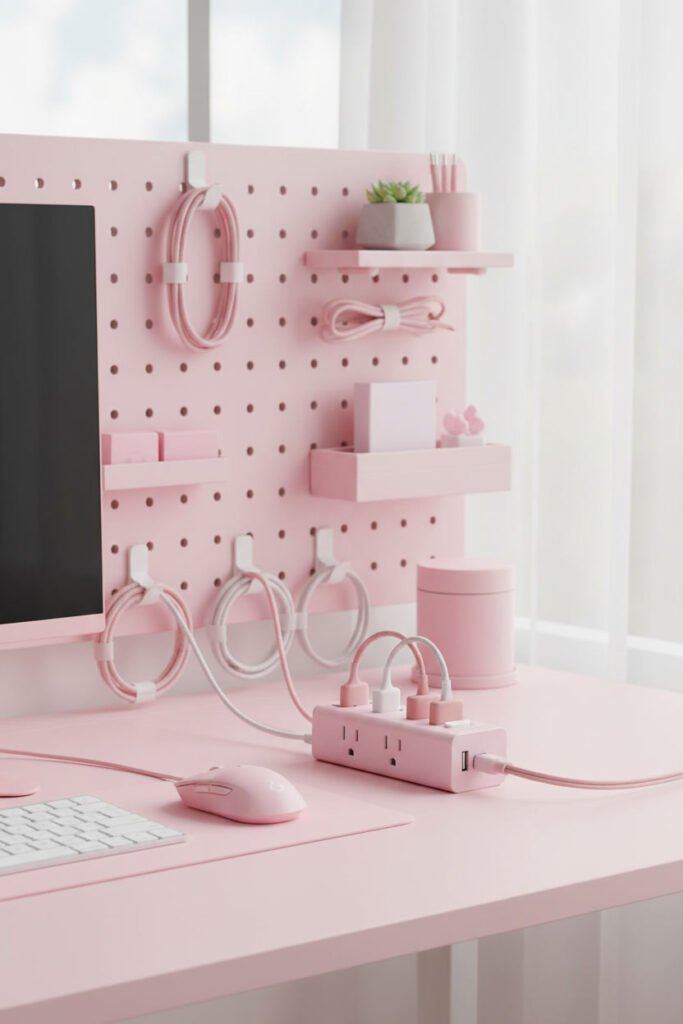 Pink Surge Protector Power Strip for a pink WFH aesthetic workspace
