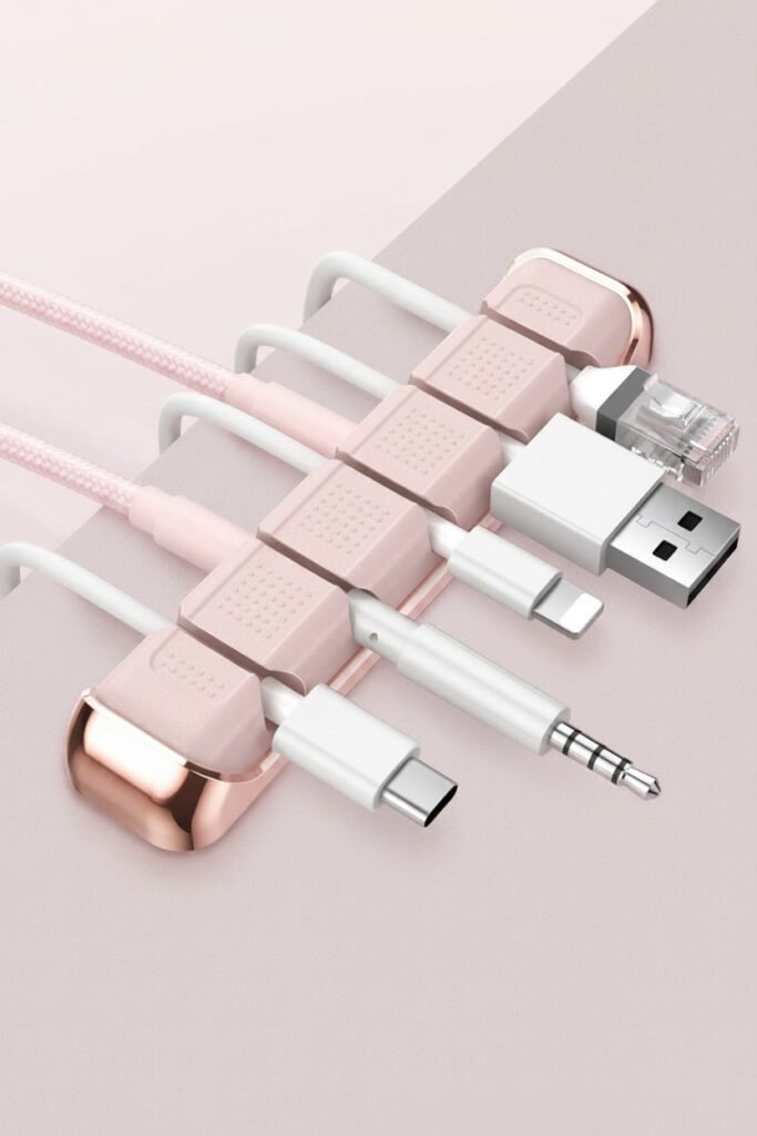 Rose Gold Desk Cable Organizer for a pink WFH aesthetic workspace