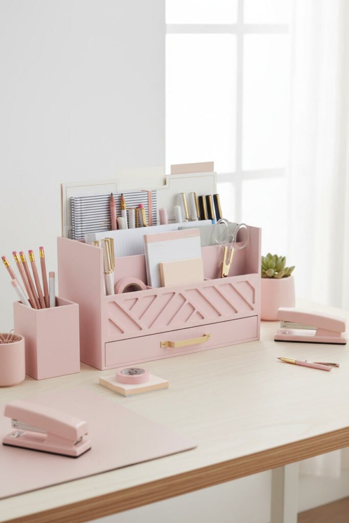 Pink Wooden Desk Organizer for a pink WFH aesthetic workspace