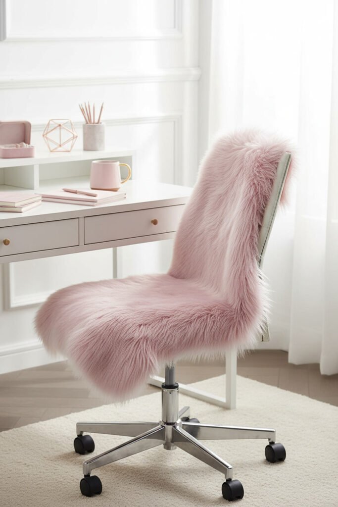 Dusty Pink Fur Desk Chair Cover/Cushion for a pink WFH aesthetic workspace