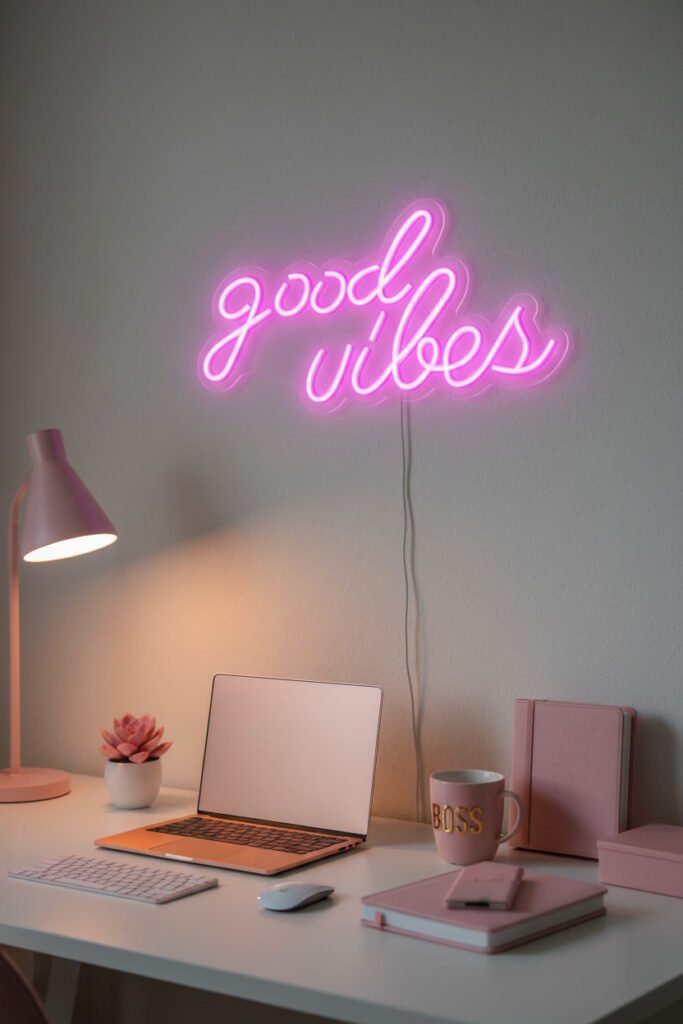 Pink LED Neon Sign for a pink WFH aesthetic workspace