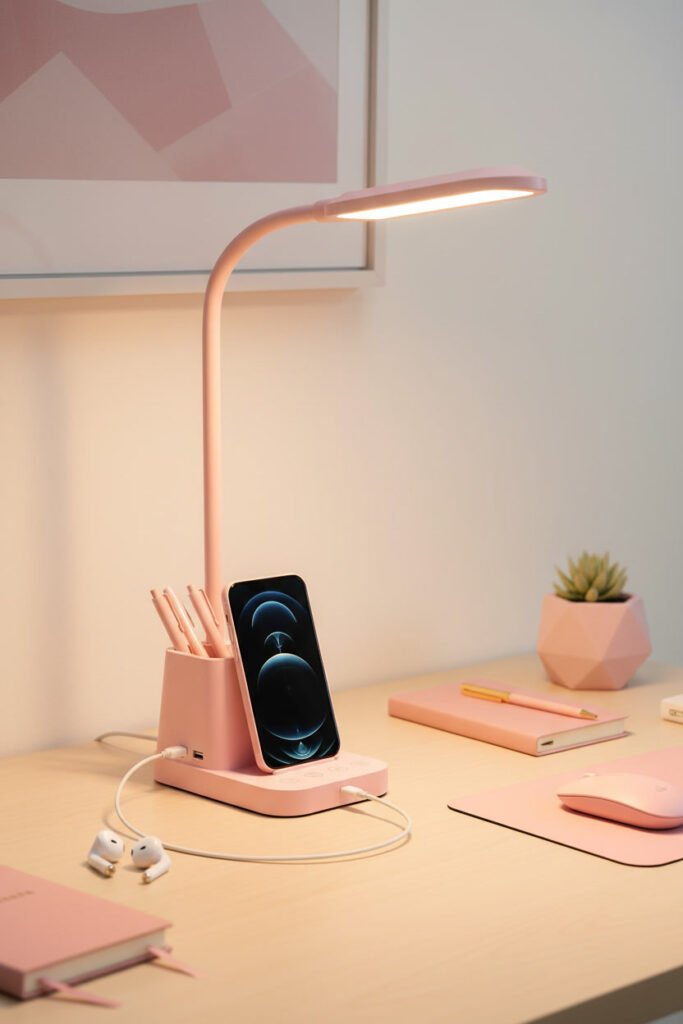Rose Gold Desk Lamp with USB Ports for a pink WFH aesthetic workspace