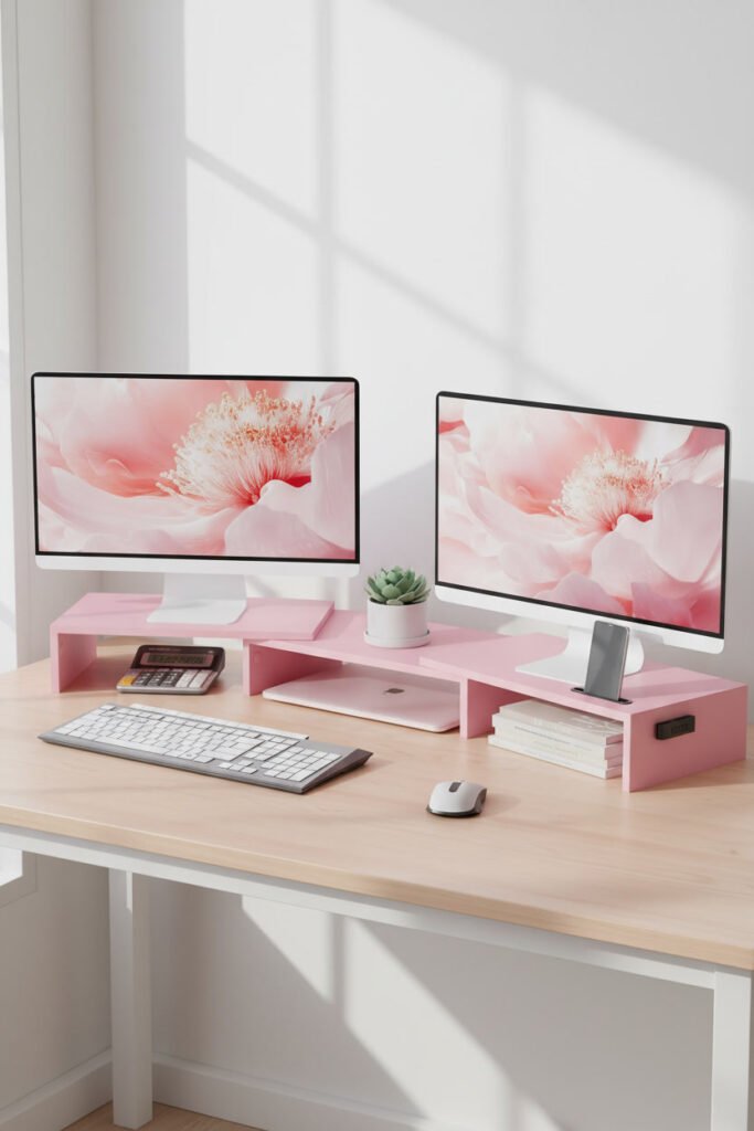 Pink Dual Monitors Stand for a pink WFH aesthetic workspace