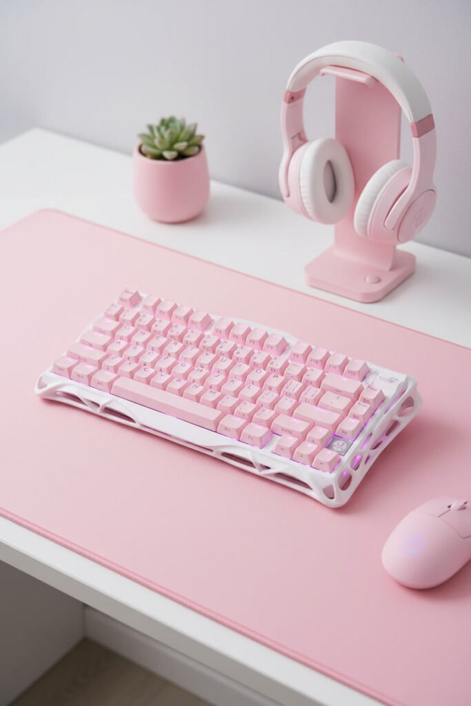 Pink Mechanical Keyboard with RGB Lighting for a pink WFH aesthetic workspace