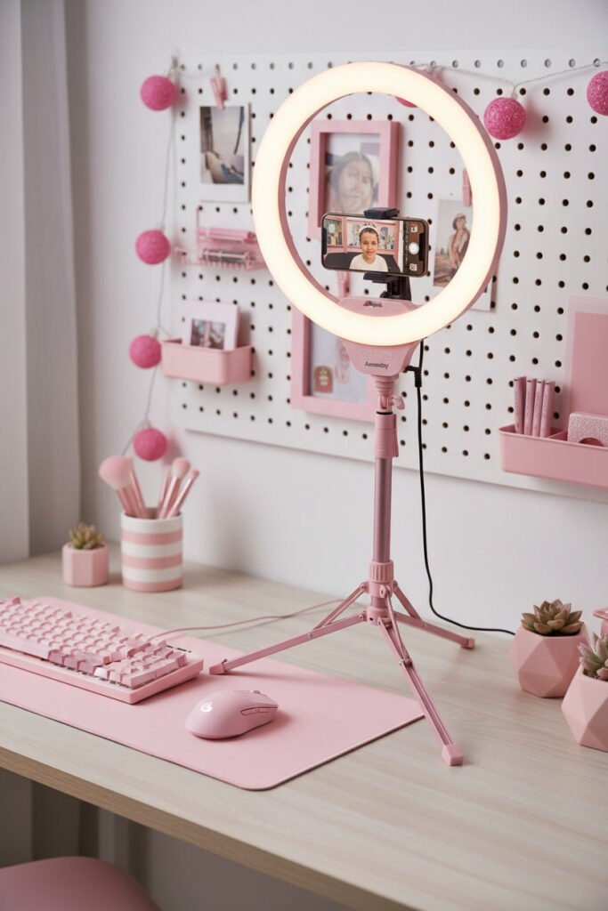 Pink Ring Light with Phone Holder for a pink WFH aesthetic workspace