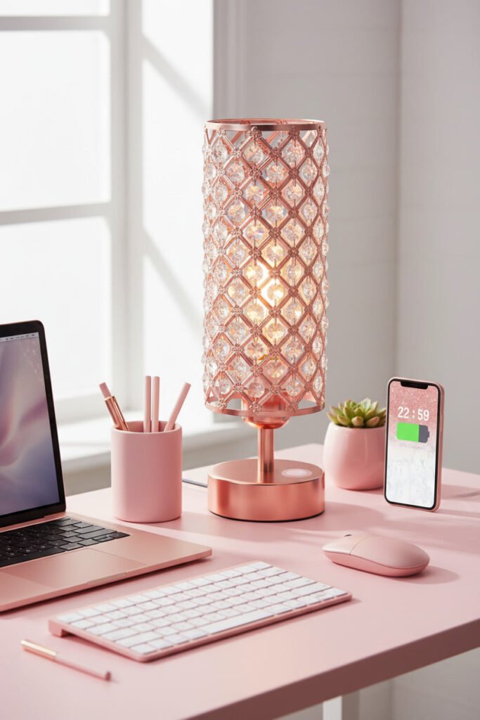 Rose Gold Adjustable Desk Lamp with USB Port for a pink WFH aesthetic workspace