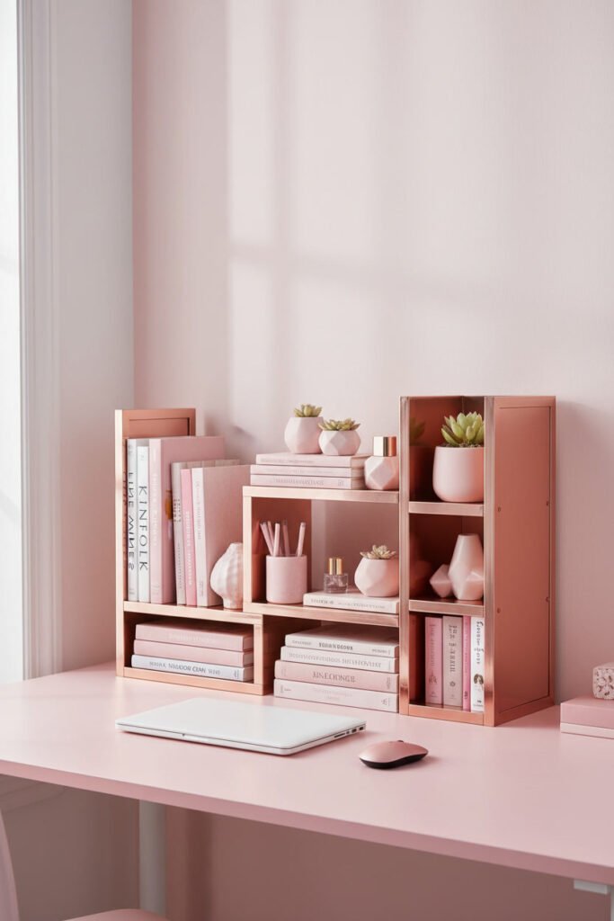 Rose Gold Desktop Shelving Unit for a pink WFH aesthetic workspace