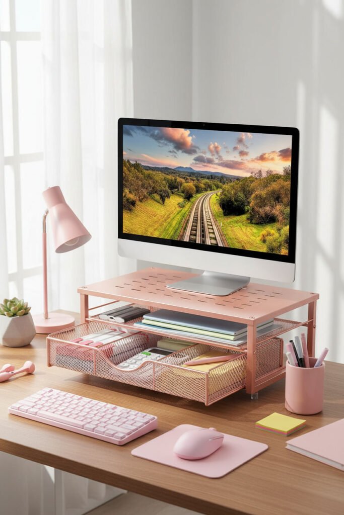 Rose Gold Monitor Stand with Storage Drawer for a pink WFH aesthetic workspace