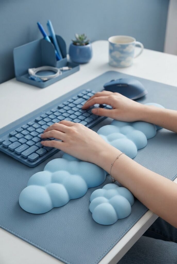 Cloud wrist rest keyboard pad on a blue office aesthetic desk