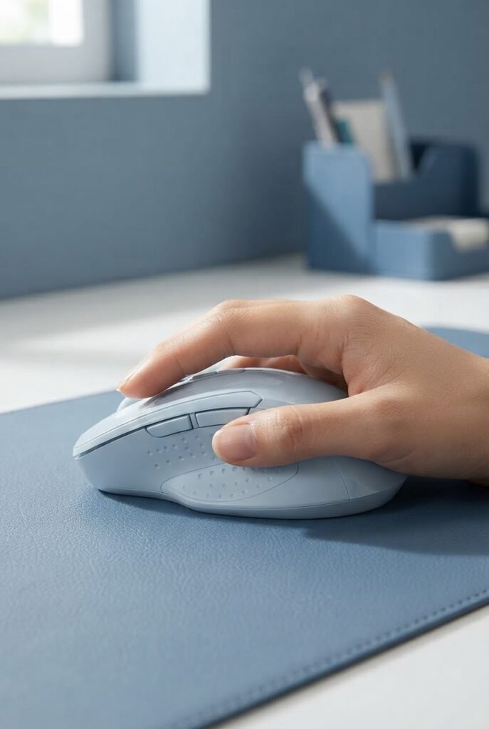 Silent wireless mouse on a blue office aesthetic desk setup