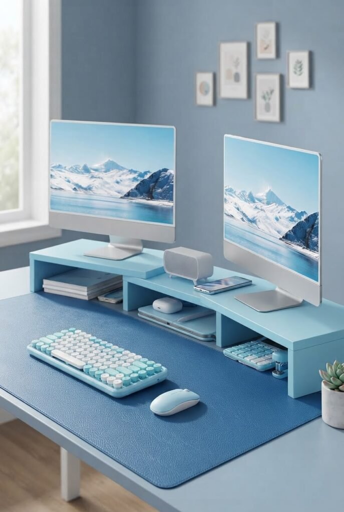 Wooden dual monitor stand riser in a blue home office aesthetic