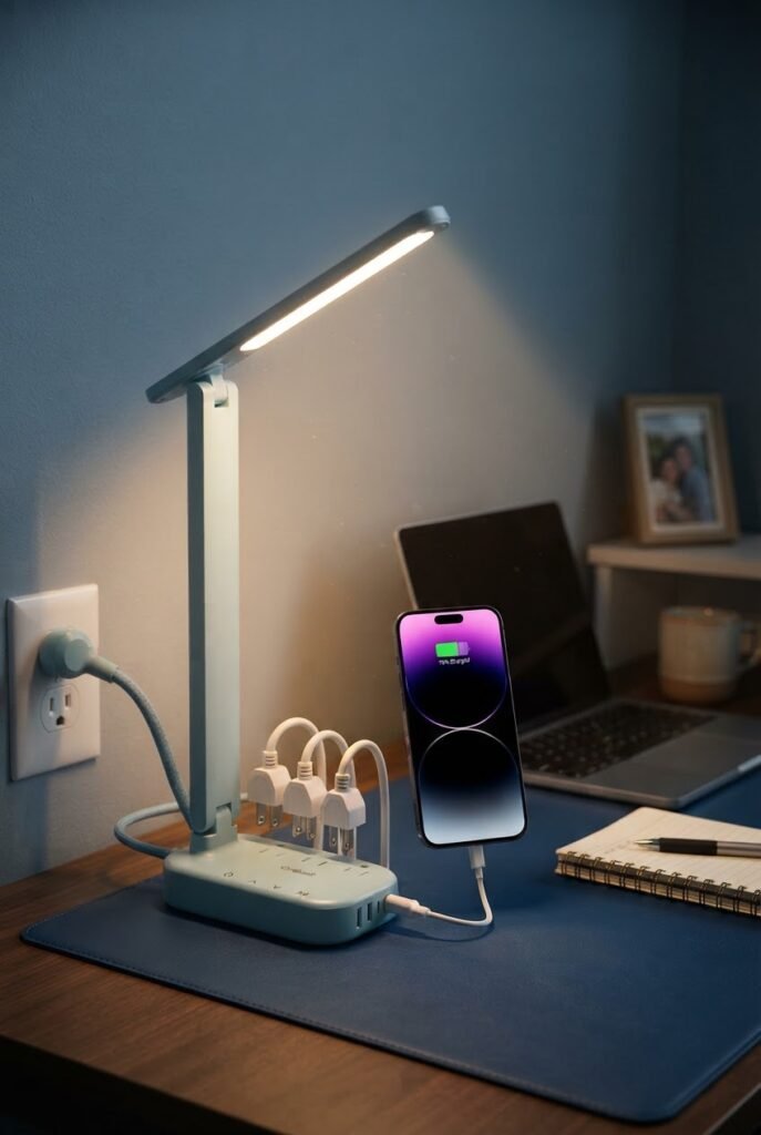 LED desk lamp with built in power strip for a blue office aesthetic