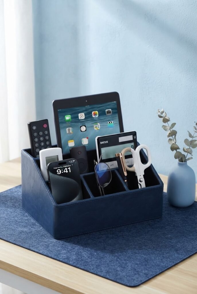 Navy blue PU leather desk organizer on a blue office aesthetic desk setup