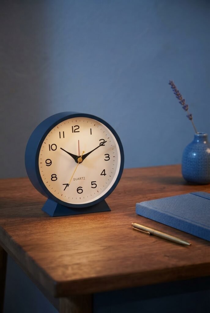 Small blue retro analogue desk clock on a blue office aesthetic desk