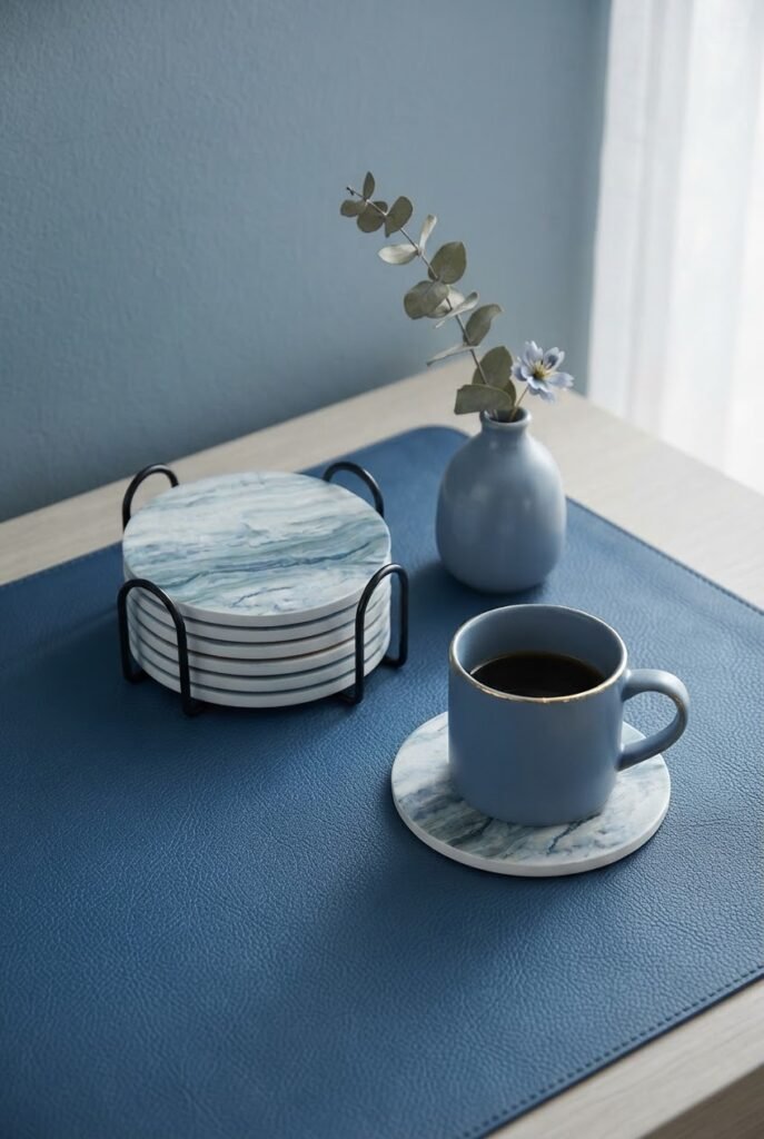 Blue ceramic coasters with holder for a blue office aesthetic desk setup
