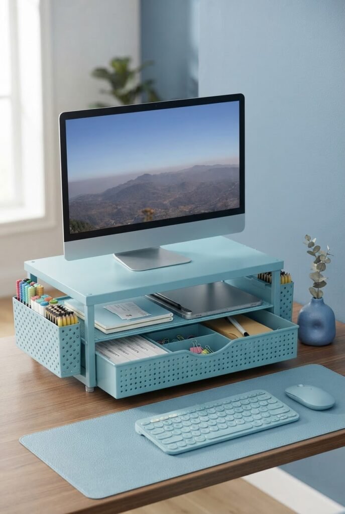Wooden monitor stand with desk organizer for a blue home office aesthetic