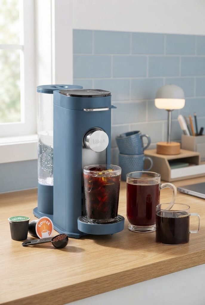 Coffee maker and books styled for a blue office aesthetic workspace
