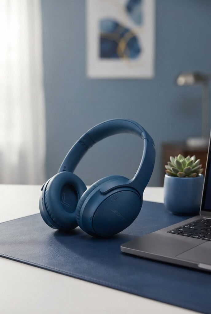 Noise cancelling headphones resting on a blue home office desk