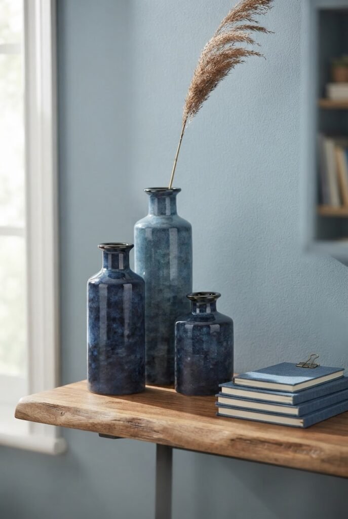 Set of three blue ceramic vases styled on a blue office aesthetic shelf