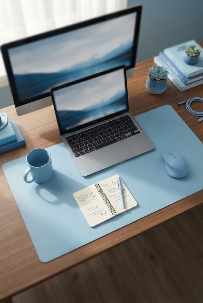 Sky blue faux leather desk pad styled for a blue office aesthetic