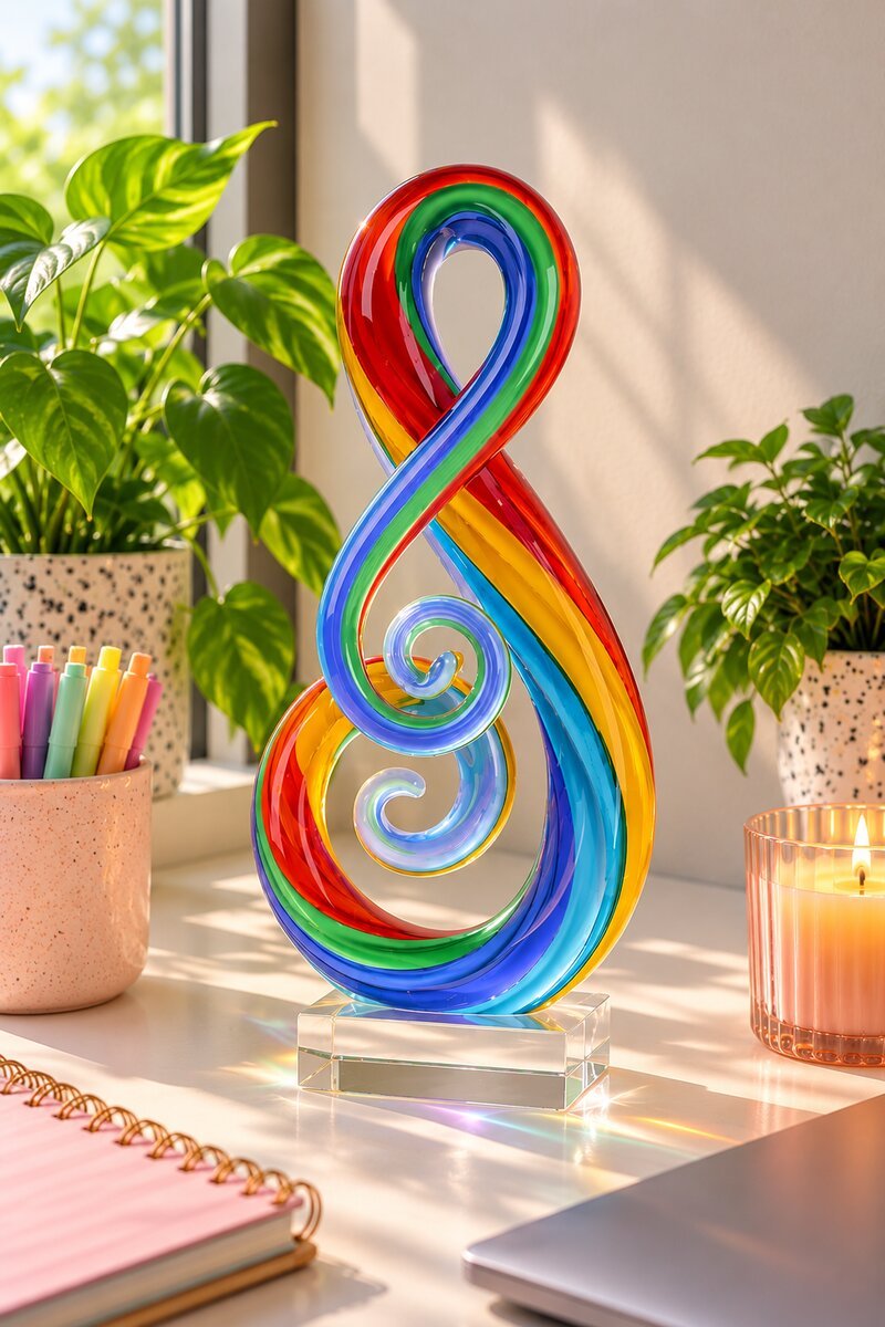 Rainbow infinity swirl hand blown glass sculpture on a colourful home office desk