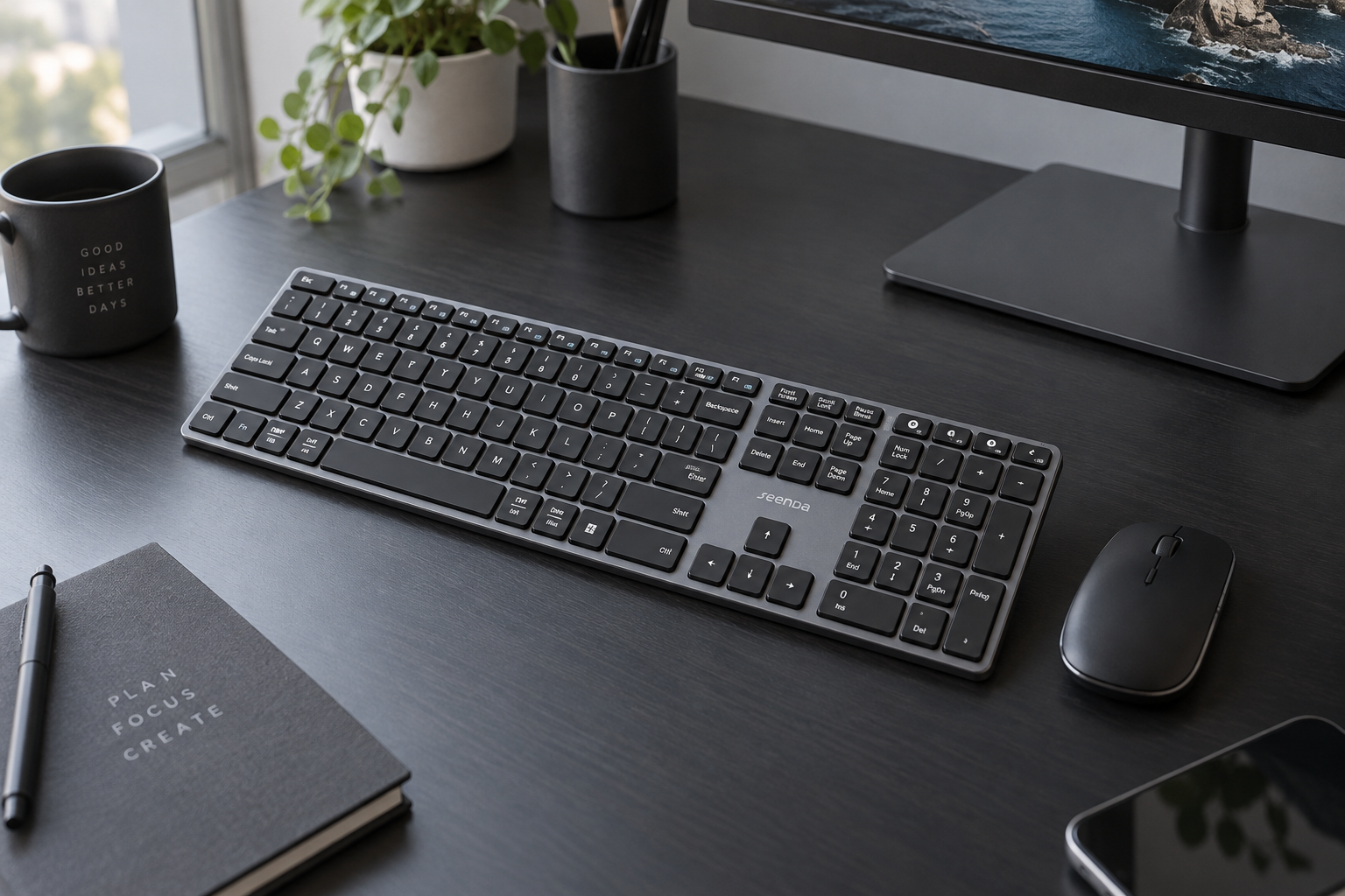 Seenda SKM643 wireless keyboard and mouse combo on a minimalist desk