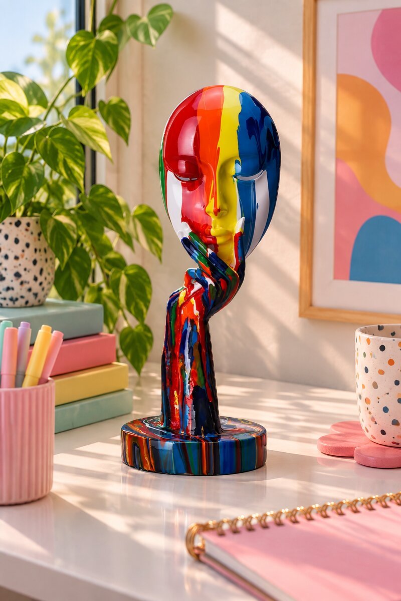 Colourful abstract face sculpture statue on a colourful home office shelf