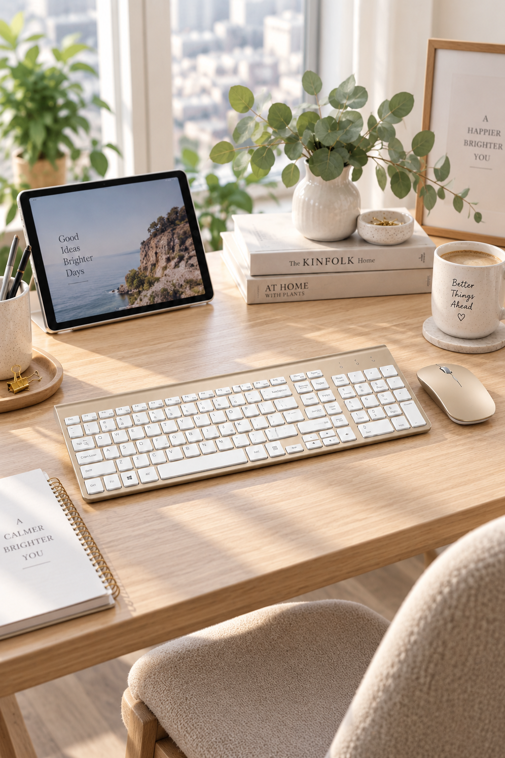 Gold and white wireless keyboard and mouse combo on a bright minimalist desk