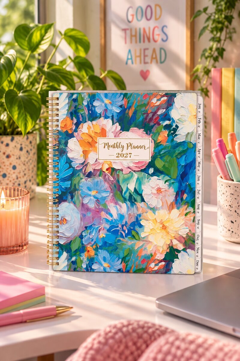 Floral 2027 monthly desk planner on a colourful home office desk