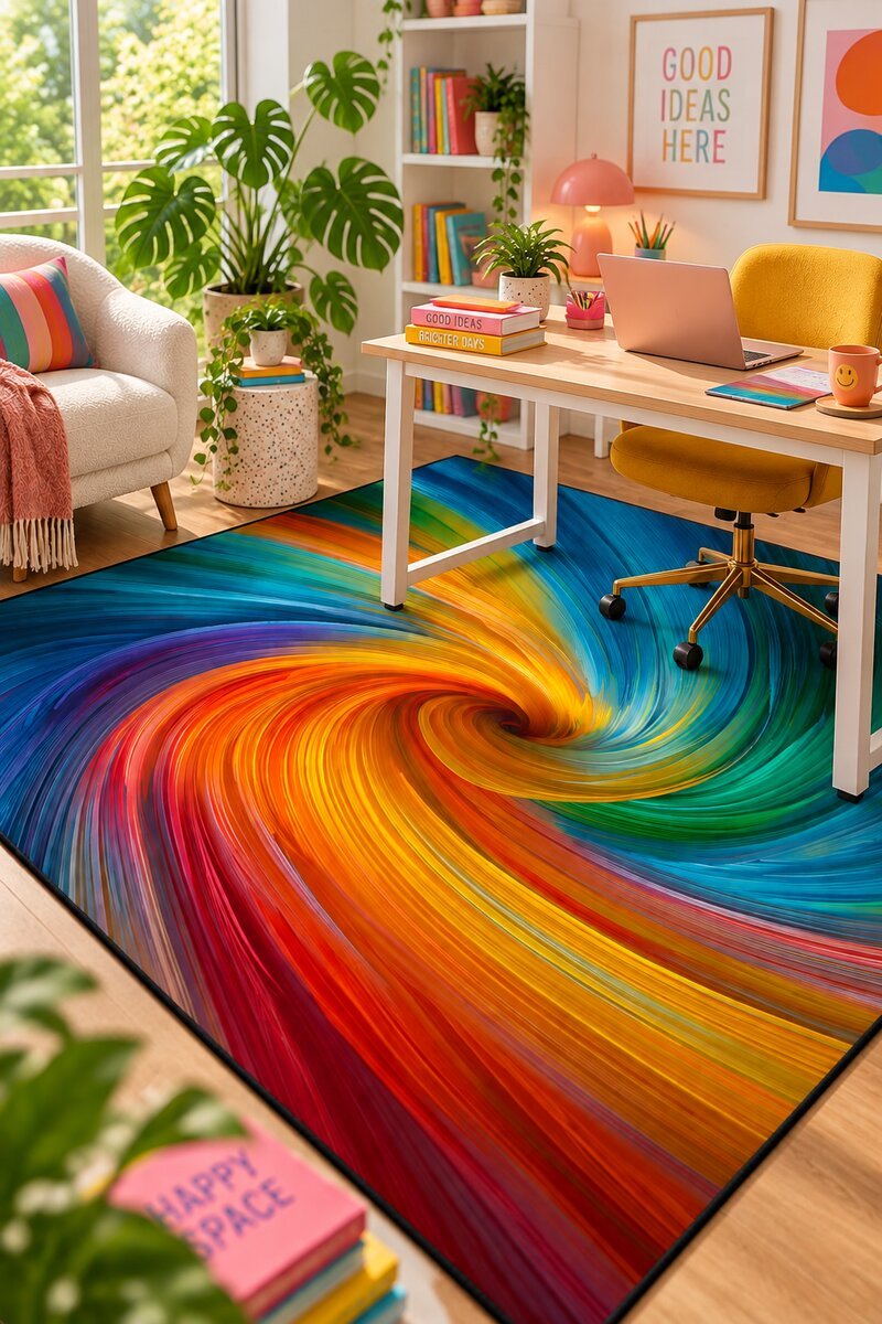 Rainbow swirl abstract area rug in a colourful home office