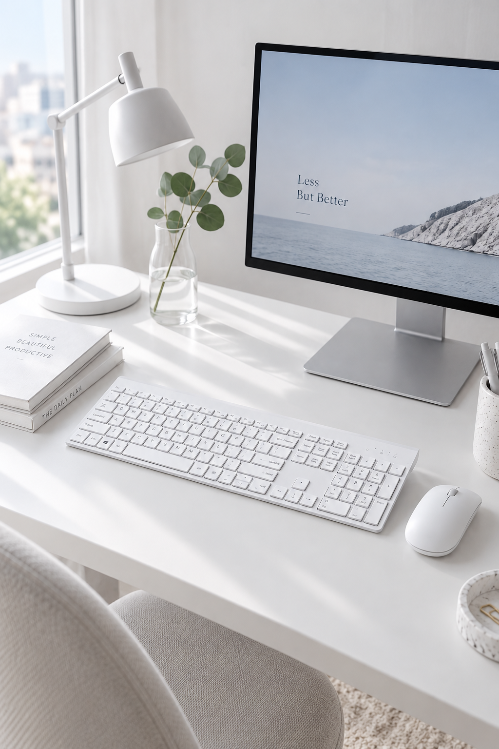 All white wireless keyboard and mouse combo on a clean minimalist desk
