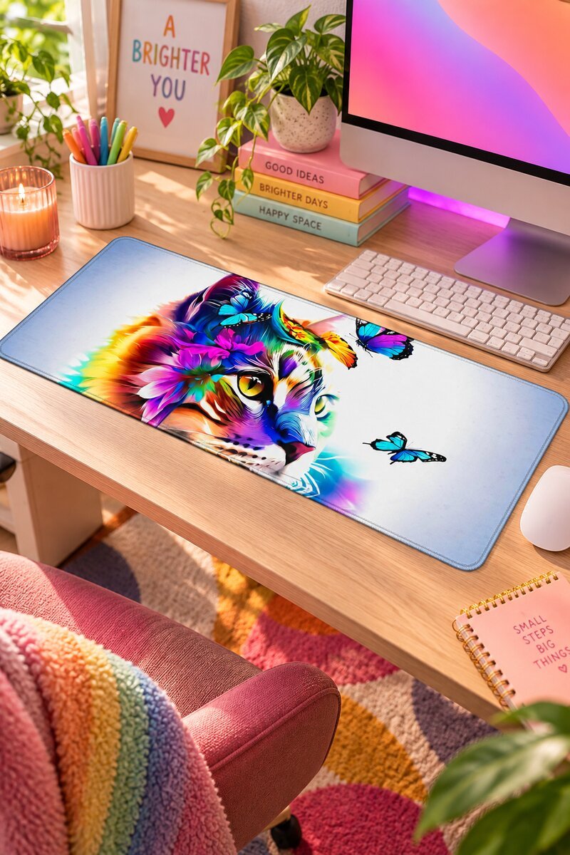 Colourful tiger and butterfly print desk mat on a home office desk
