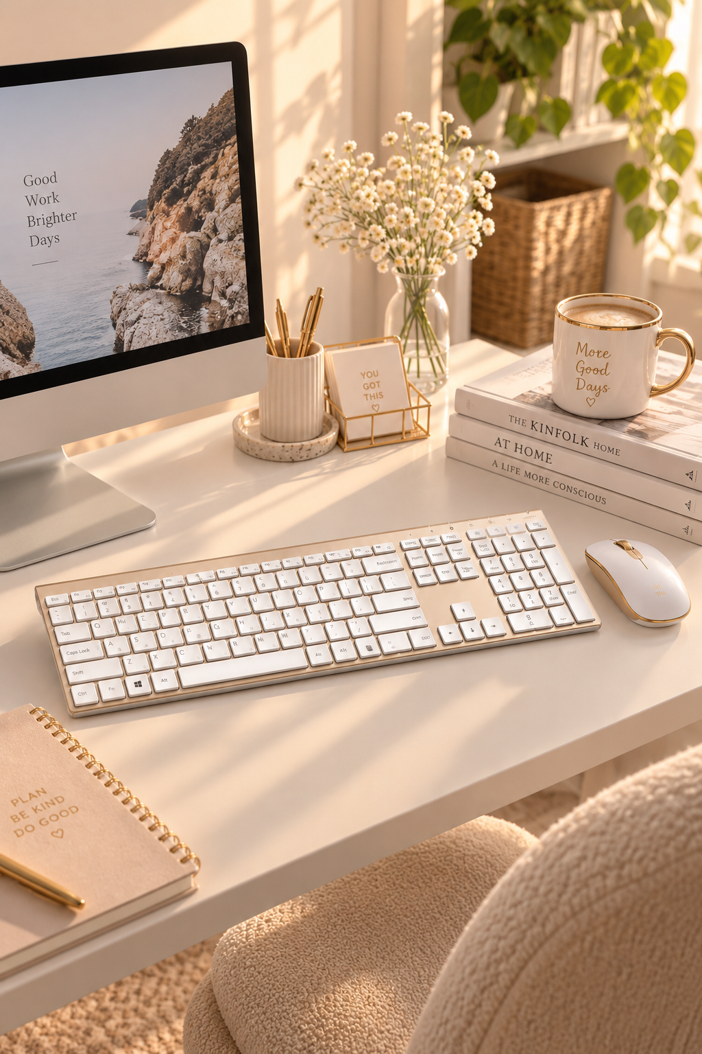 White and gold rechargeable wireless keyboard and mouse on a golden light desk