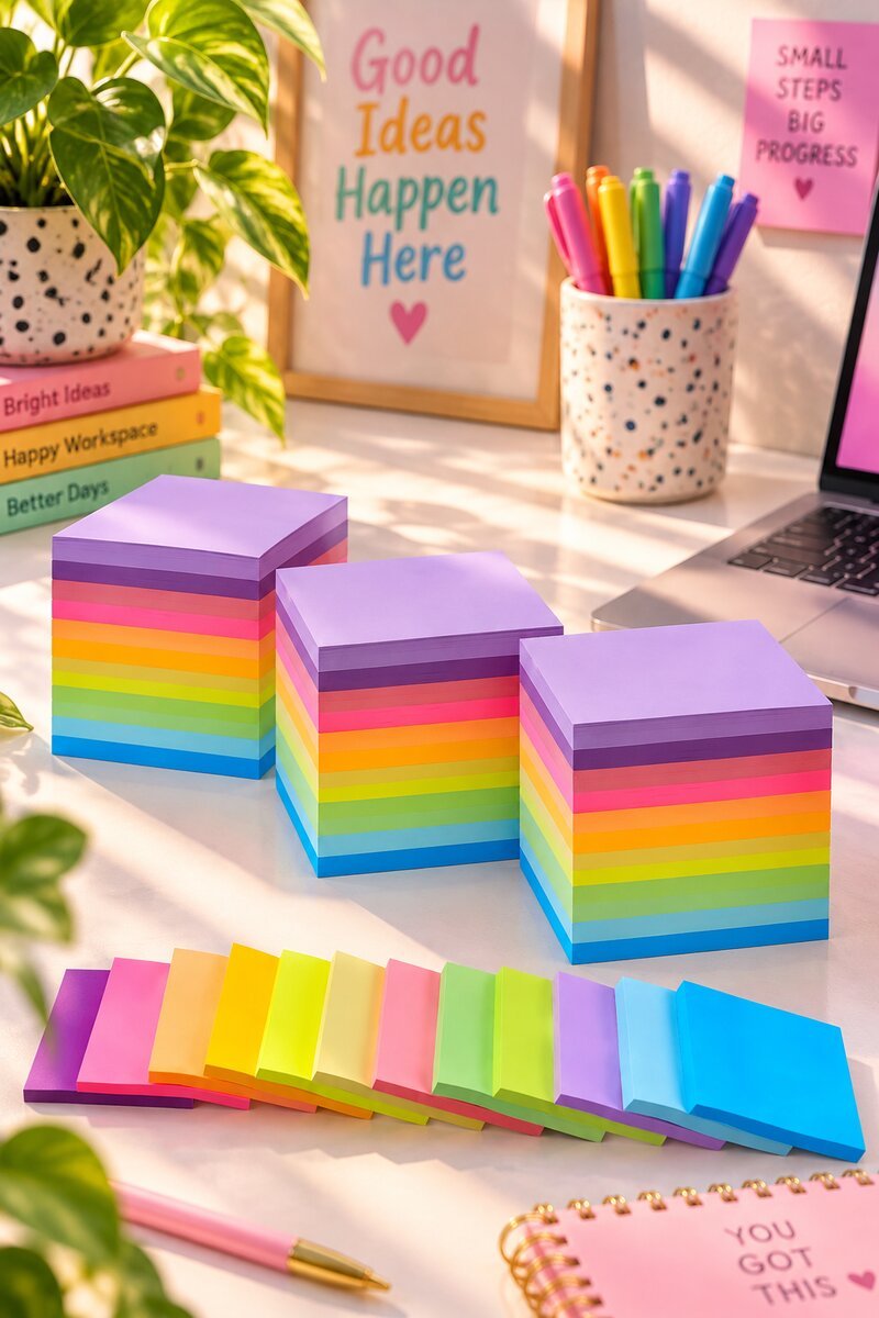 Rainbow sticky note cube set on a colourful home office desk