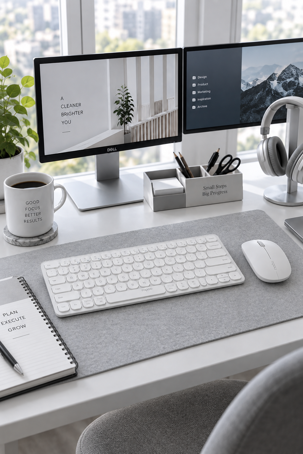 Rapoo 9010M multi device wireless keyboard and mouse combo on a productivity desk