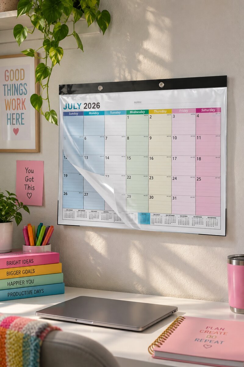 Colourful July 2026 desk calendar on a home office desk