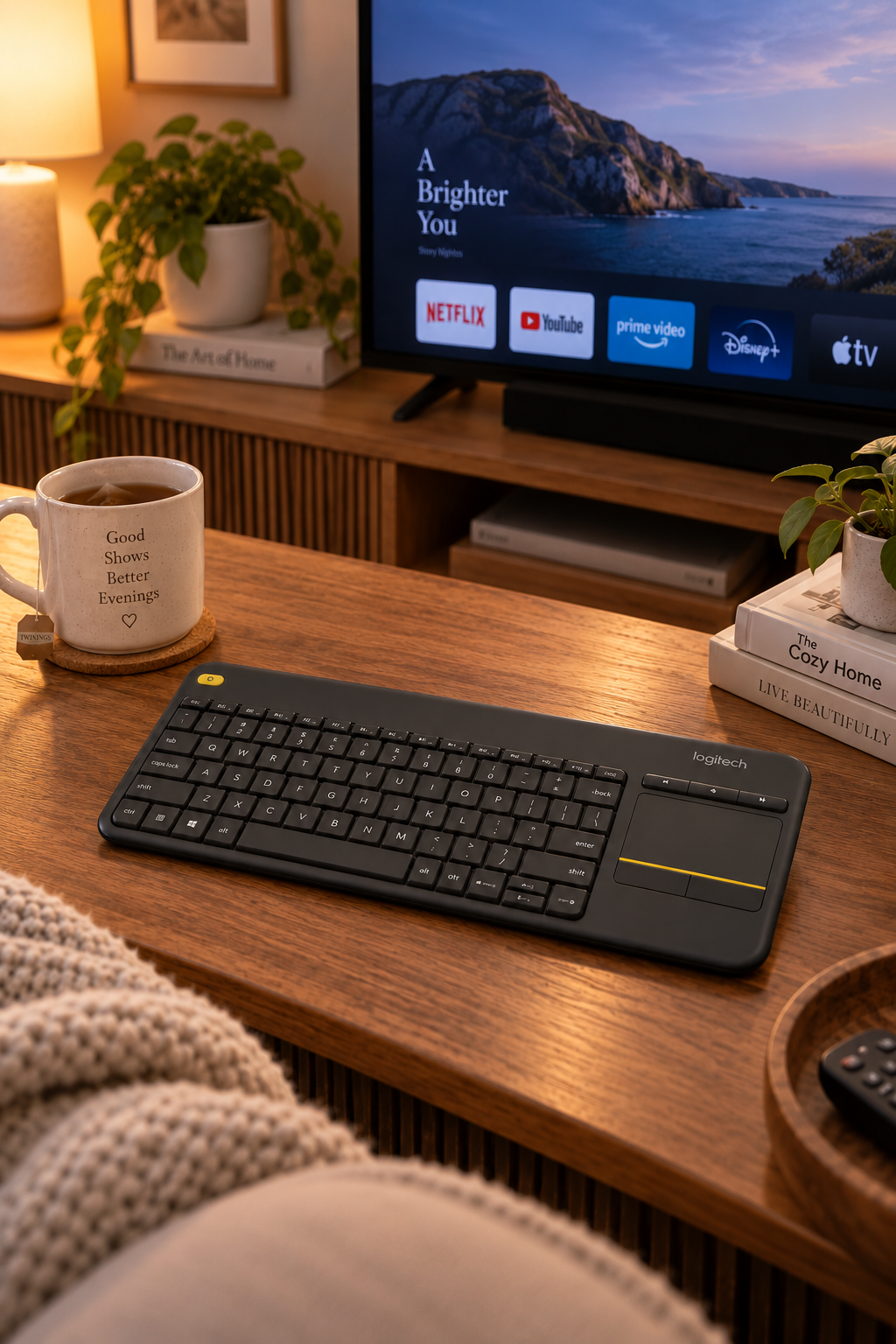 Logitech K400 Plus wireless touch keyboard on a TV console for a cosy streaming setup