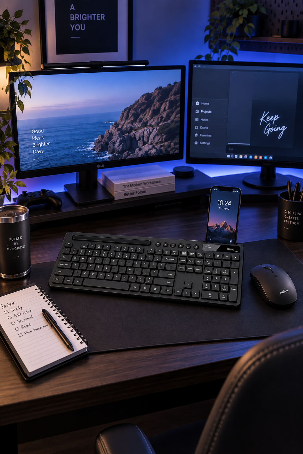 Black wireless keyboard and mouse combo with a built in phone holder on a gaming desk