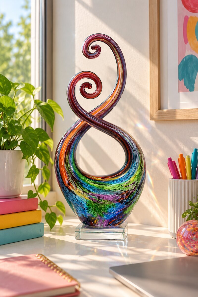 Colourful hand blown glass music note sculpture on a home office shelf