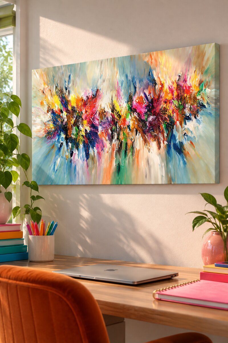 Large framed abstract colourful flower canvas wall art in a home office