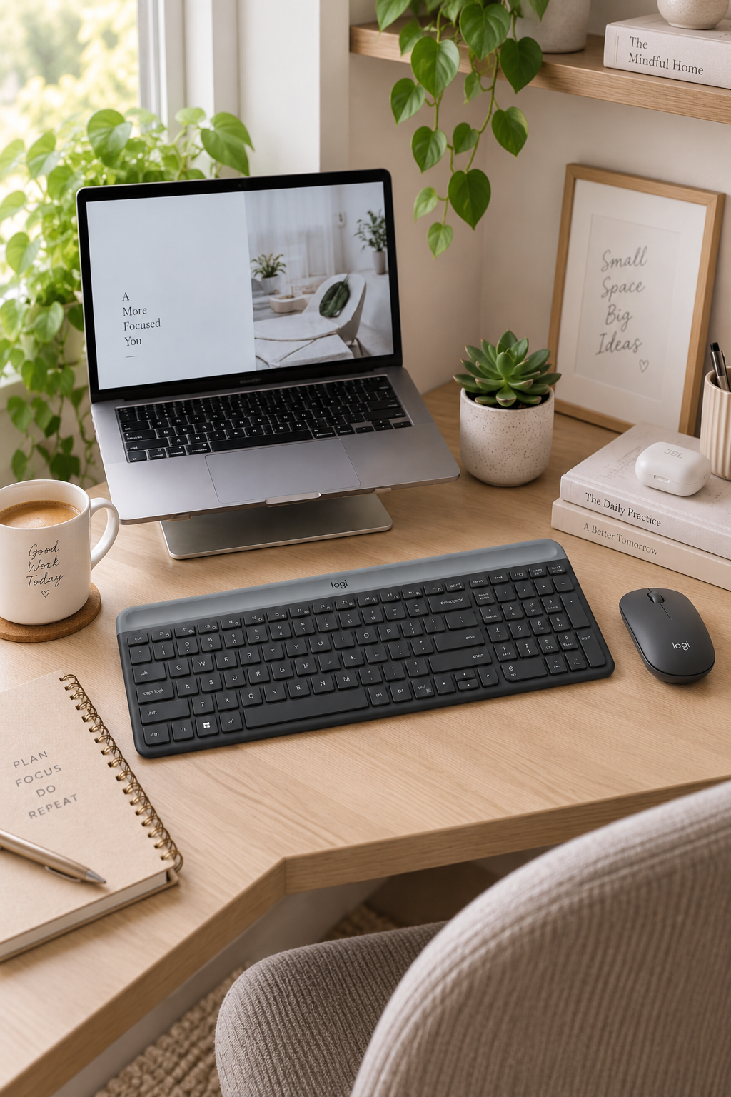 Logitech MK470 slim graphite wireless keyboard and mouse combo on a compact home office desk