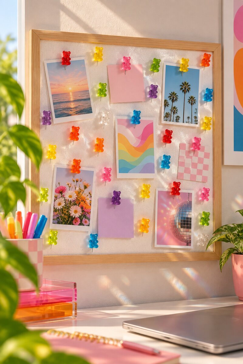Colourful gummy bear push pins on a home office pin board