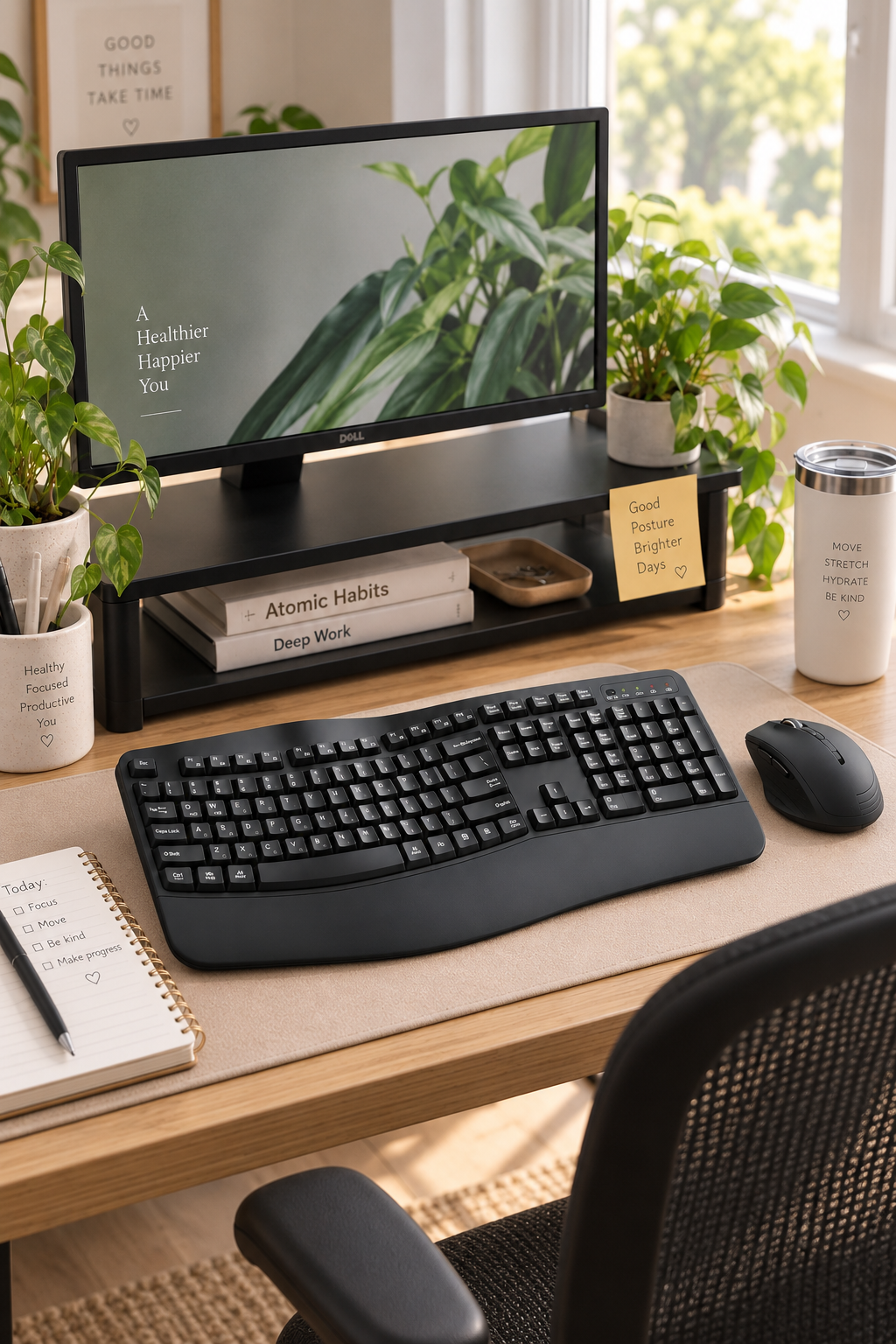 Black ergonomic wave shaped wireless keyboard and mouse with wrist rest on a wellness desk